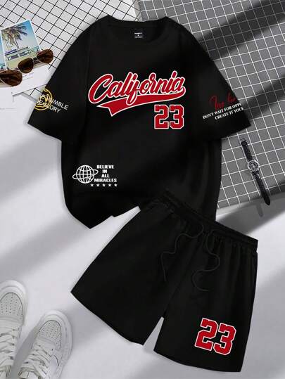 Manfinity Campus Court 男士休闲字母印花落肩宽松黑色 T 恤和抽绳腰短裤套装，夏季