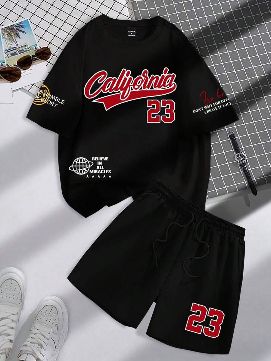 Manfinity Campus Court 男士休闲字母印花落肩宽松黑色 T 恤和抽绳腰短裤套装，夏季 - 黑色 - 查看 1