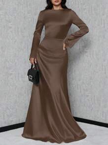 SHEIN Tall Women's Trumpet Sleeve Mermaid Dress - Brown - View 3