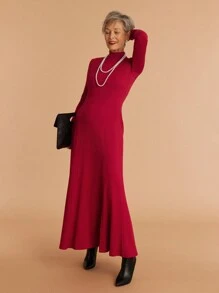 SHEIN LUNE 女士休闲高领长袖红色连衣裙 - 酒紅色 - 查看 6