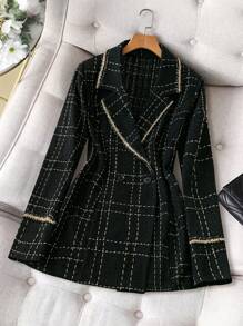 SHEIN Unity Plus Size Contrast Color Trim Long Sleeve Button Front Cashmere Cardigan, Casual Daily Wear - Black - View 1