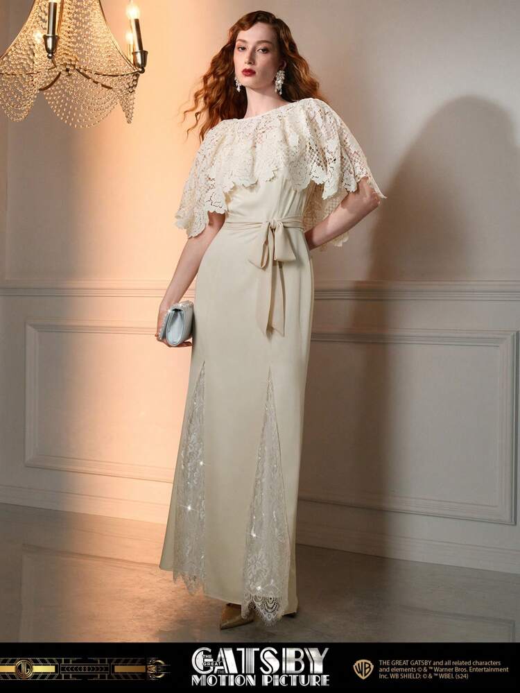 The Great Gatsby x MOTF CONTRAST LACE SOLID BELTED DRESS