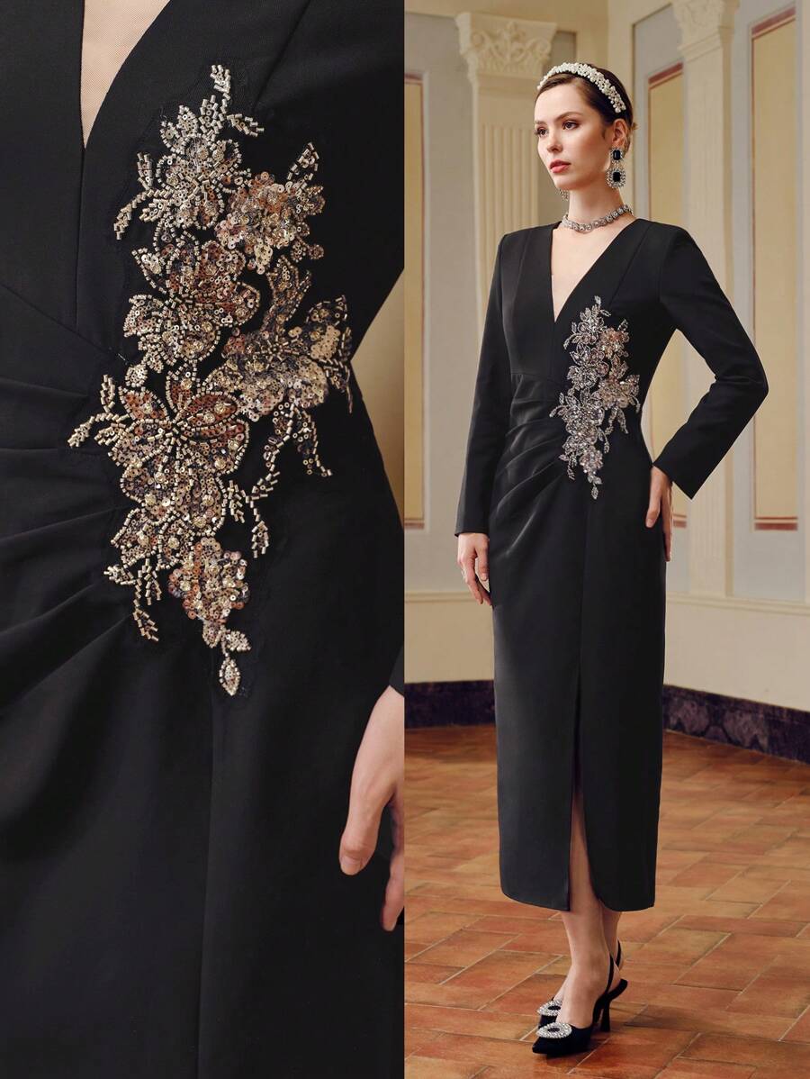 ZEYLAH 亮片和珠饰细节褶饰腰长裙