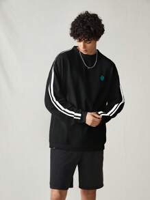 SWAVVY 男士休闲条纹拼布长袖宽松套头衫，适合秋冬