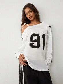 TRNVIE 1pc Women's Vintage Sporty Colorblock Raglan Shoulder Letter Print Oversized T-Shirt, Retro College Style For Autumn/Winter