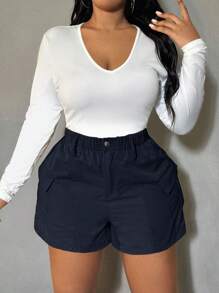 SHEIN SXY 大码休闲纽扣短裤，适合户外活动 - 藏蓝色 - 查看 3