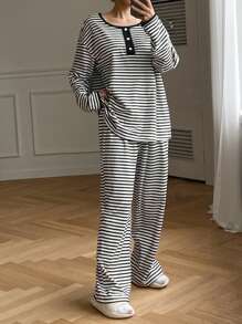 DAZY 1 conjunto Pijama casual con abertura parcial y forro térmico con estampado de rayas, de invierno