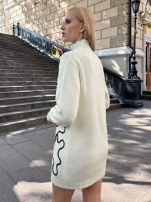 Sweter z golfem w swobodnym stylu, kontrastowym, ręcznie szytym, abstrakcyjnym haftem