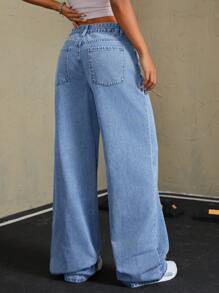 SHEIN Tall 女式宽松贴袋阔腿洗水牛仔裤 - 中等水洗藍 - 查看 6