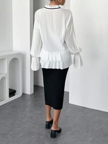 INAWLY Women's Elegant Tie Collar Drop Shoulder Long Sleeve Ruffled Hem Blouse, Spring Autumn Fall Cloth For Women