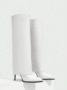 CUCCOO SZL 女士时尚白色喇叭腿尖头高筒细跟过膝长靴，性感骑士风春季鞋履，春假复活节必备 - 白色 - 查看 7