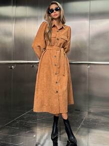 SHEIN ChicEase 休闲纯色前扣衬衫裙 - 卡其色 - 查看 4