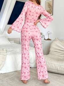 CottageSlumber Floral Print Ruched Flare Sleeve Top & Pants Sleepwear Pajama Set For Women, Fall Winter Clothes Cozy And Elegant Details