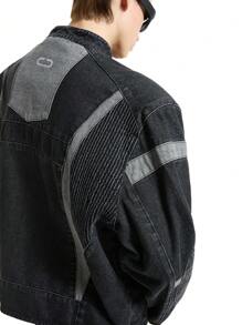 NEON BLANC 男士黑色编织街头风格字母印花拼色棉质深色长袖牛仔夹克 - 黑色 - 查看 5