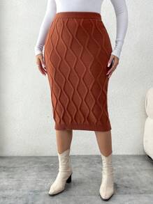 SHEIN Clasi Plus Size Women Solid Color Ribbed Knit Bodycon Skirt Set, Autumn/Winter