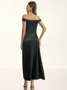 Glamine Vestido largo elegante con un hombro descubierto, volantes y abertura, vestido elegante de mujer, vestido negro sexy de mujer, vestidos de mujer, vestidos de fiesta de mujer, vestido negro ajustado largo para mujer