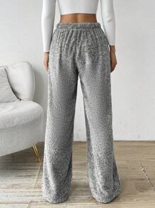 SHEIN EZwear 女士新款秋冬纯色前系带简约休闲羊毛运动裤，宽松长裤，适合家居服 - 灰色 - 查看 2