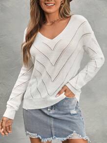 SHEIN LUNE Women's Solid Color V-Neck Hollow-Out Knit Sweater, Autumn/Winter