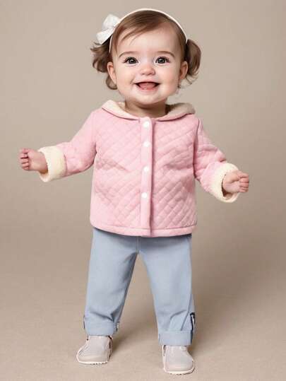 SHEIN Baby Girl Cute Bear Embroidered Plush Warm Jacket, Casual Outdoor Versatile, Autumn Winter
