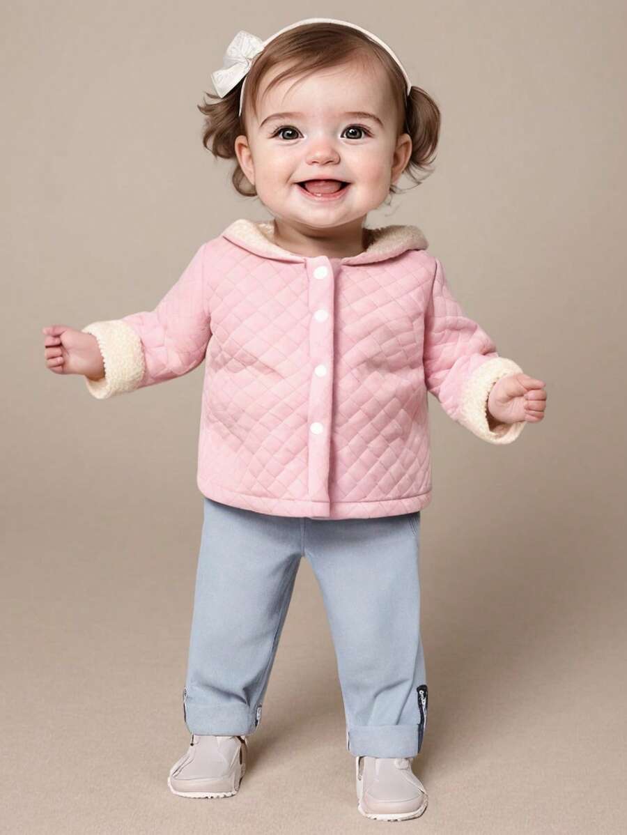 SHEIN 女婴可爱熊刺绣毛绒保暖夹克，休闲户外百搭，秋冬 - 粉色 - 查看 1