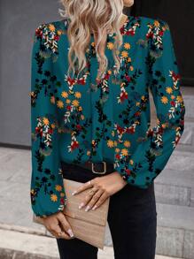 SHEIN Clasi Camisa holgada de mujer de manga larga con estampado verde retro minimalista casual, apta para otoño/invierno