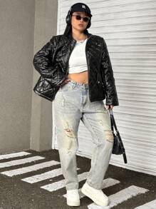 SHEIN EZwear Manteau matelassé slim ajusté à fermeture éclair de style rétro streetwear en grande taille - Noir - Voir 6