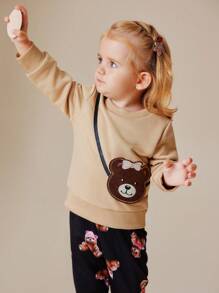 SHEIN 2pcs Babygirl Autumn Khaki Cute Bowknot Bear Top And Casual Leggings Set, Fashion Outdoor Essentials - Khaki - View 1