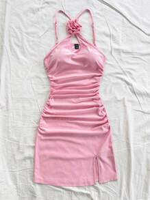 Soleia 女士度假花卉装饰露背系带修身连衣裙，弹性面料，适合海滩、婚礼、节日、夏季 - 粉色 - 查看 3