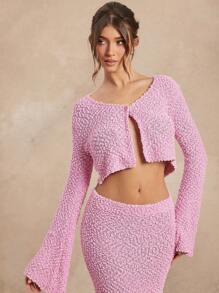 L'Amorae Solid Single Button Front Flare Sleeve Crop Cardigan - Dusty Pink - View 3