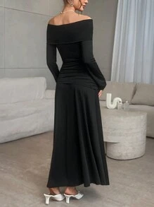 SHEIN Unity 2 件套女士休闲纯色针织长袖露肩修身上衣和高腰宽松裙子 - 黑色 - 查看 2