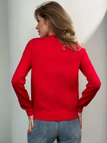 SHEIN Privé Áo len dài tay cổ tròn họa tiết hoạt hình giáng sinh màu đỏ cho nữ, quần áo mùa đông - Đỏ - Xem 2