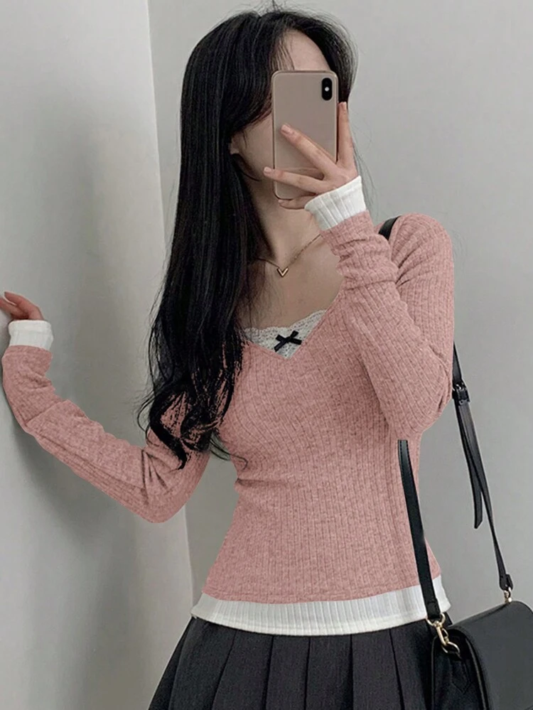 Women's V-Neck Lace & Bow Splice Colorblock T-Shirt Long Sleeve Women Tops,Fall Women Clothes