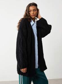 SHEIN Unity 1 件女式黑色纹理针织休闲前开长款开衫，简约百搭，适合秋冬季 - 黑色 - 查看 4