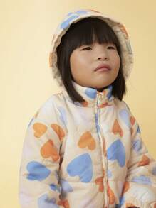 SHEIN Young Girls' Colorful Heart Print Detachable Hooded Casual Thermal Lined Jacket, Autumn/Winter - Beige - View 5