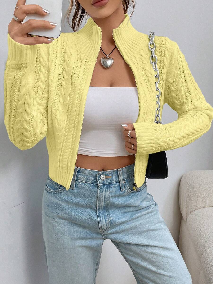 SHEIN EZwear Áo len cardigan ngắn cổ đứng màu trơn thường ngày cho nữ, mùa thu - Màu vàng - Xem 1