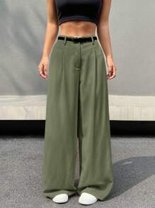 SHEIN EZwear 女式纯色前拉链阔腿裤，秋季 - 綠色 - 查看 3