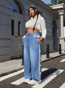 SHEIN EZwear 大码休闲洗水牛仔裤，带蝴蝶结装饰，宽松版型，适合秋季 - 藍色 - 查看 1