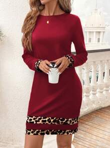 SHEIN Clasi 1pc Women's Autumn Leopard Patchwork Long Sleeve Dress - Red - View 4