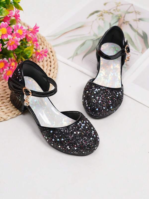 Cute Fashionable Casual Black Glitter Rhinestones Breathable Low Heel Children Shoes For Girls