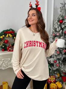 SHEIN Privé 大码休闲宽松圆领长袖圣诞节和新年字母印花女式 T 恤，分层上衣，浅色 - 黑色 - 查看 7