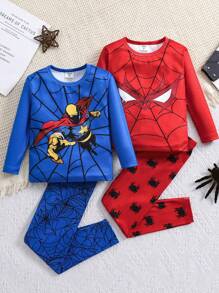 SHEIN Bộ đồ ngủ 4 món cổ tròn tay dài Raglan họa tiết hoạt hình người nhện & siêu anh hùng cho bé trai và quần dài mềm mại thoải mái, phù hợp cho mùa thu/đông - Nhiều màu - Xem 1