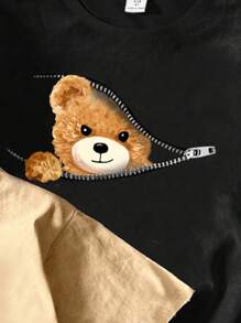 SHEIN 3pcs/Set Young Boy Casual Minimalist Cartoon Panda Sports Pattern Loose Fit Round Neck Short Sleeve T-Shirts, Black/White/Khaki, Suitable For Summer