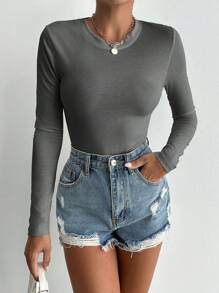 EURMUSE Solid Color Skinny T-shirt Bodysuit - Dark Grey - View 5
