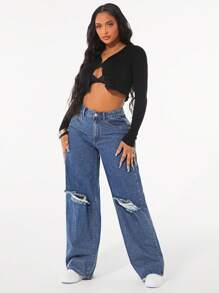 SHEIN SXY 女式宽松破洞阔腿休闲牛仔裤，带口袋