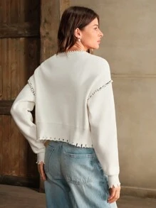 Anewsta Women Short Cardigan Sweater With Beaded Detail,Fringe Trim, Long Sleeve, Solid Color, Round Neck