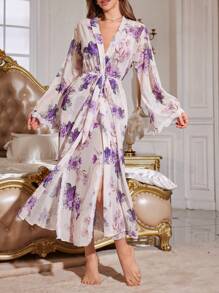 Sexy Floral Print Lace Trim Slit Mesh Maxi Robe & Gown Sleepwear Set - Multicolor - View 3