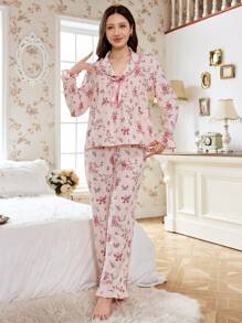 CottageSlumber 女士舒适碎花蝴蝶结装饰上衣和裤子睡衣套装，秋季假日季，舒适优雅的细节，秋冬服装