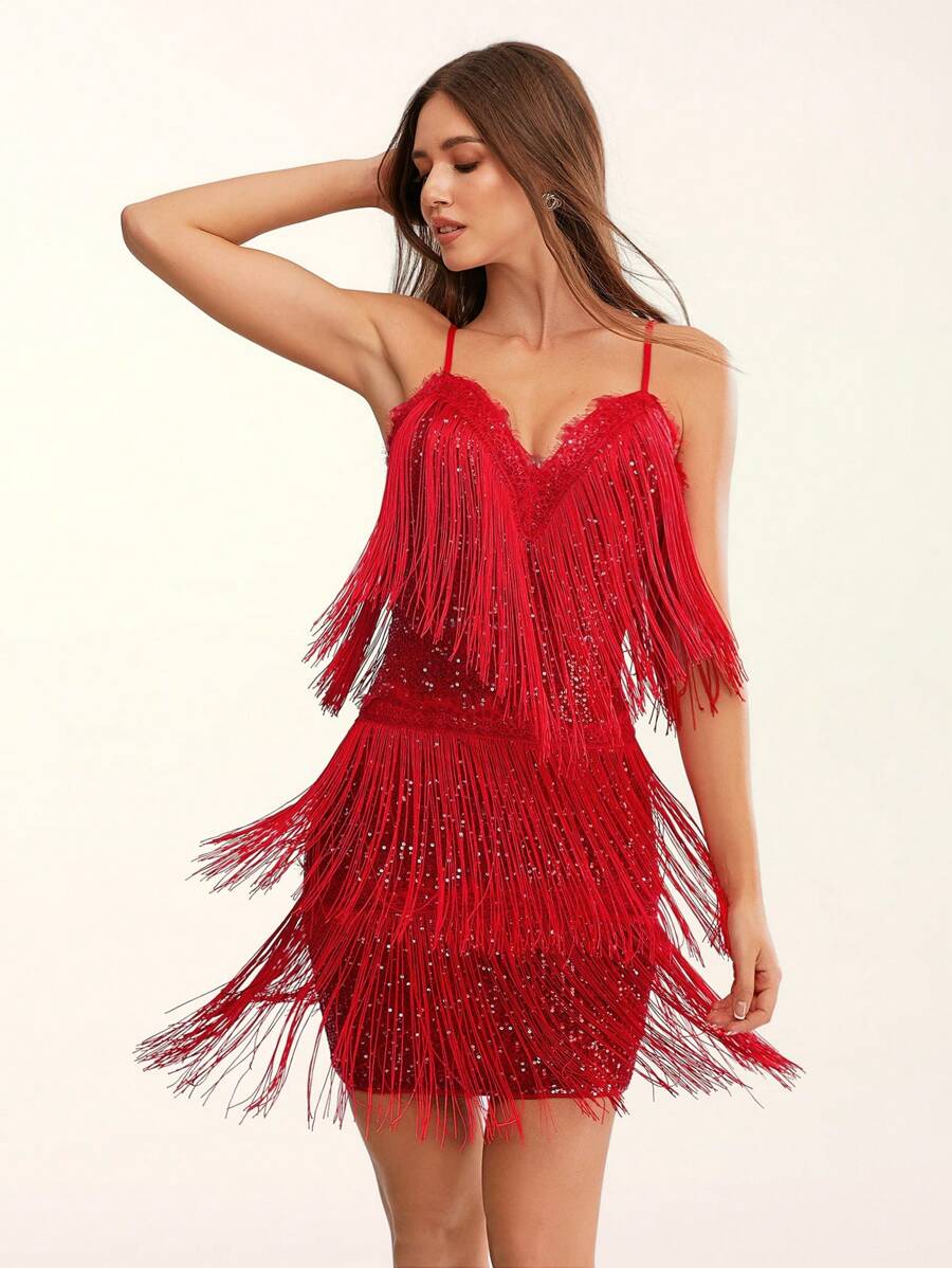 Glamine Women's Tassels Lace Backless Back Zip Up Four Seasons Slim Glitter Cami Dress,For New Year Holiday Party - Red - View 1