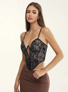 Glamine Women Floral Mesh Lace Asymmetric Hem Sexy Fitted Camisole Top,Black Lace Corset,Sexy Women Outfits,Black Corset Top,Going Out Tops