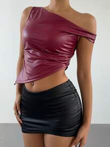Aloruh Blusa asimétrica con hombro oblicuo, (PU), elegante y sexy, para fiesta/citas/ocasiones formales, para mujeres